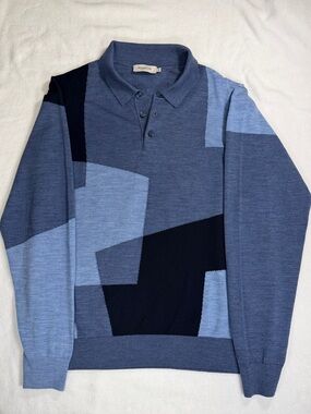 Bugatchi 100% Merino Wool Polo Sweater XL Blue Geometric Colourblock Italy